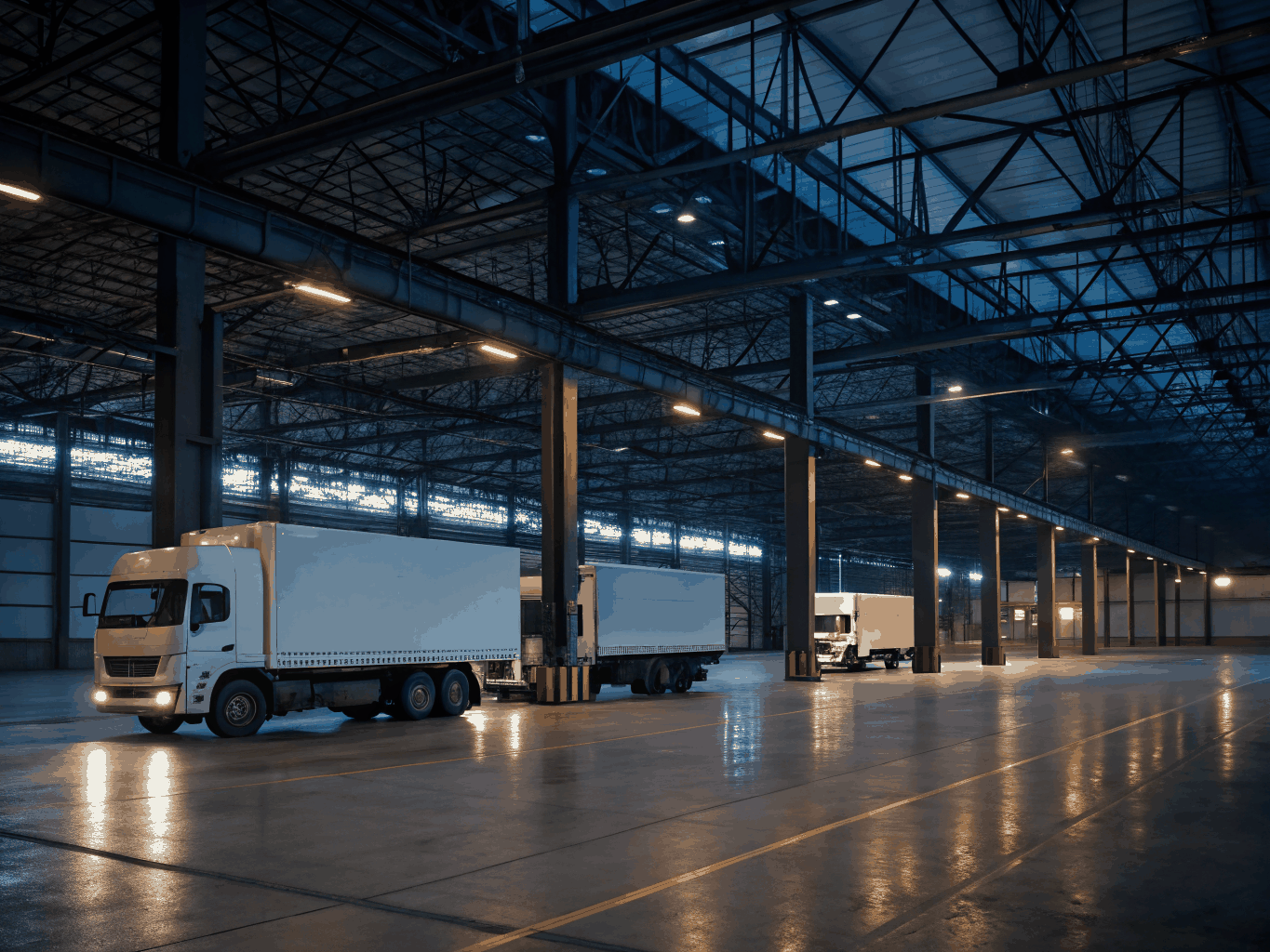 Modern logistics fleet parked at a distribution center under clear skies