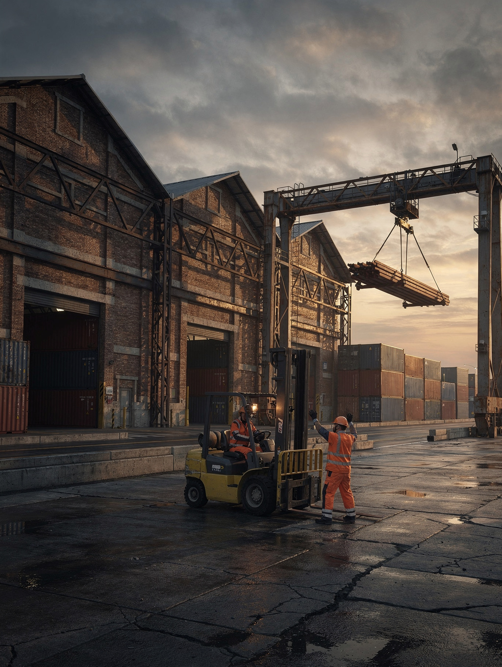 Modern logistics terminal with freight trucks and organized shipping containers