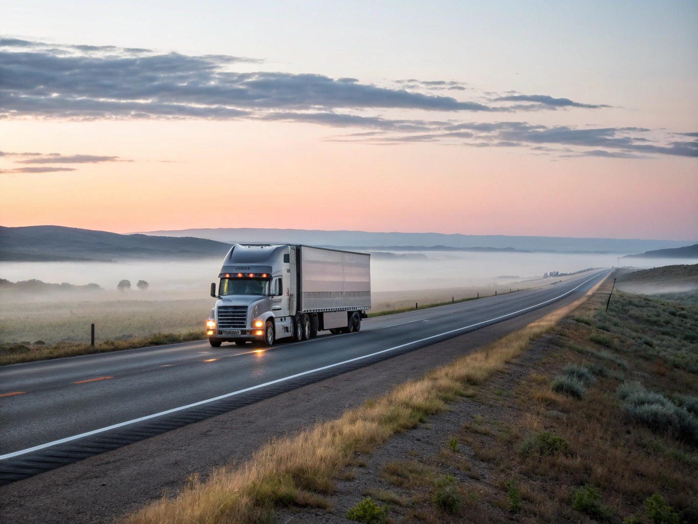 Heavy duty freight truck on highway at dawn