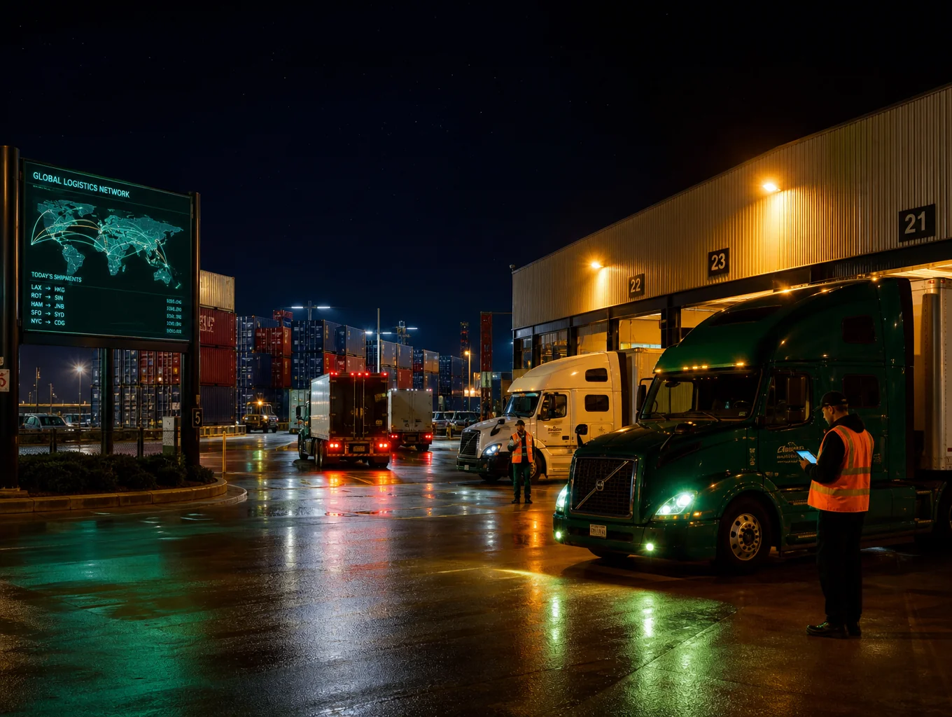 Modern logistics fleet parked at a high-tech distribution center